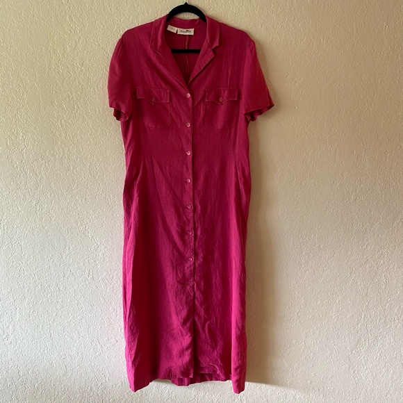Antonelle Hot Pink Linen Dress Size M Barbiecore Beach Rosortwear Modest Pocket - Picture 1 of 13